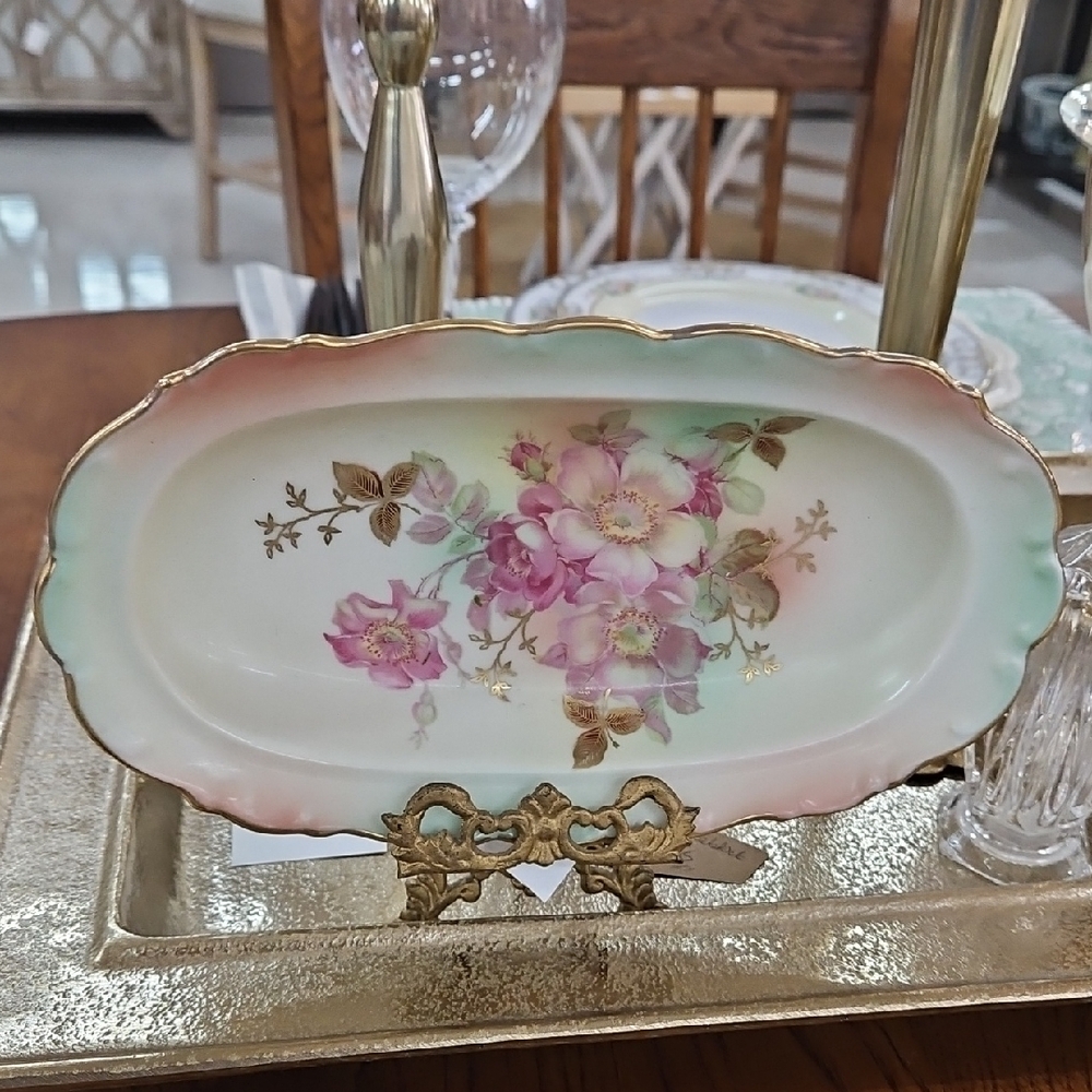 Floral Oval Porcelain Dish with Gold Accents